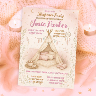 Invitation Pastel Pink Teepee Slepover fête d'anniversaire