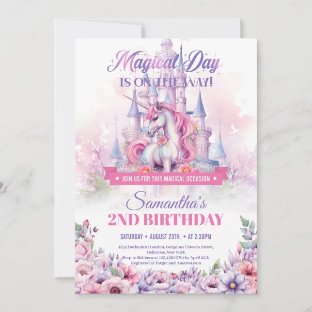 Invitation Pastel Pink Unicorn et Fairy Castle 2e anniversair (Devant)