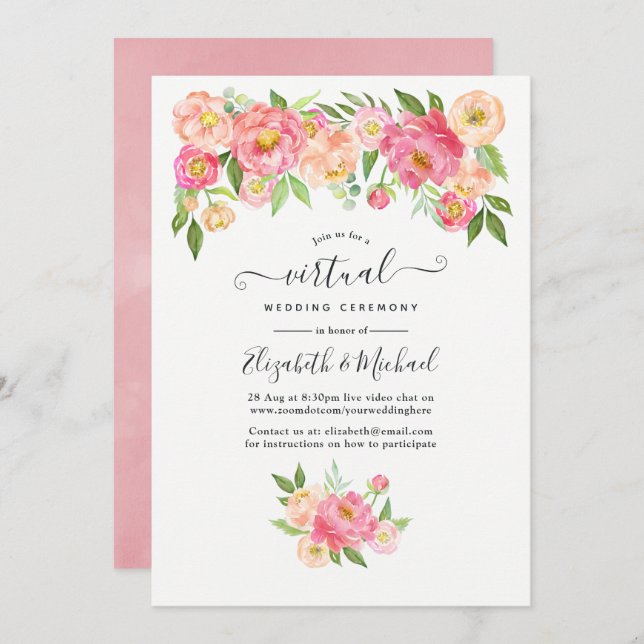 Invitation Pastel Pink Watercolor Mariage virtuel en ligne (Devant / Derrière)