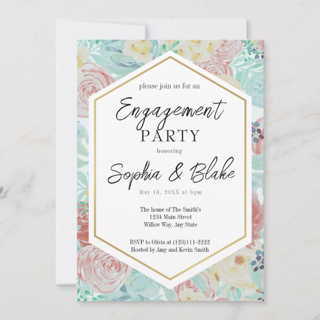 Invitation Pastel Pink & Yellow Floral Engagement Party (Devant)
