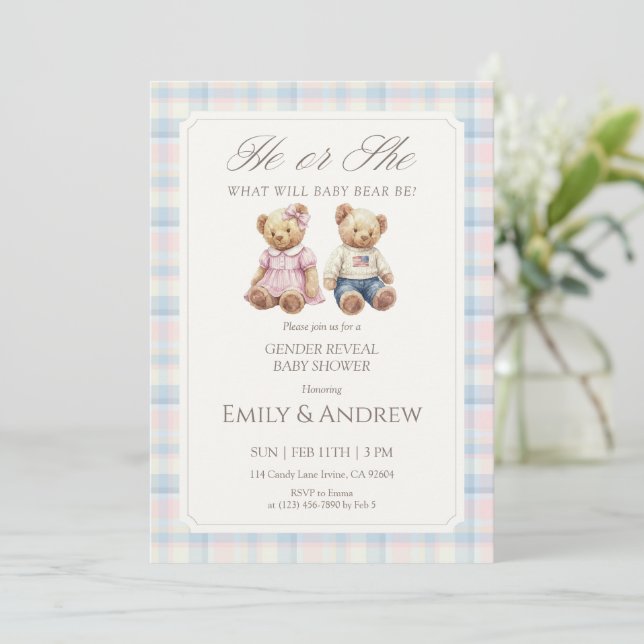 Invitation Pastel Plaid Teddy Bear Gender Reveal Baby Shower (Debout devant)