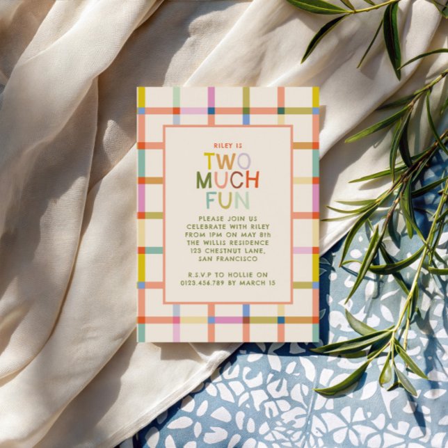Invitation Pastel Plaid "Trop de Fun" 2ème Anniversaire photo (Créateur téléchargé)