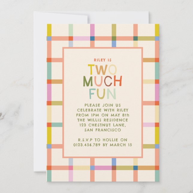 Invitation Pastel Plaid "Two Many Fun" 2e anniversaire (Devant)