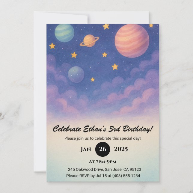 Invitation Pastel Planets in the Night Sky Birthday  (Devant)