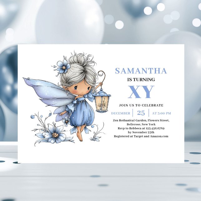 Invitation pastel pour 4ème anniversaire de la fée (Joyful Blue Fairy Girl 4th Birthday Pastel invitation)