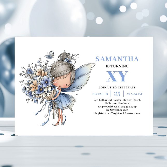 Invitation pastel pour les 4 ans de la Fée Bleue M (Magical Blue Fairy Girl 4th Birthday Pastel invitation)
