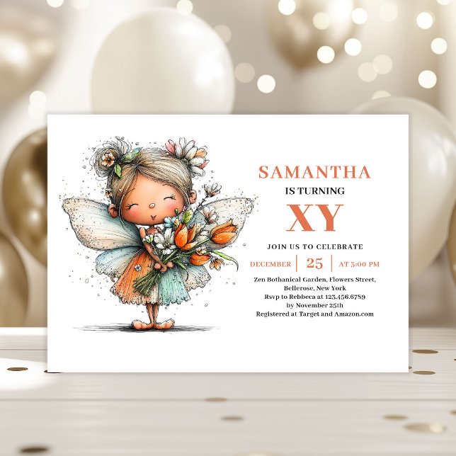 Invitation pastel pour les 5 ans de la jolie fille (Cute Fairy Girl 5th Birthday Pastel invitation)