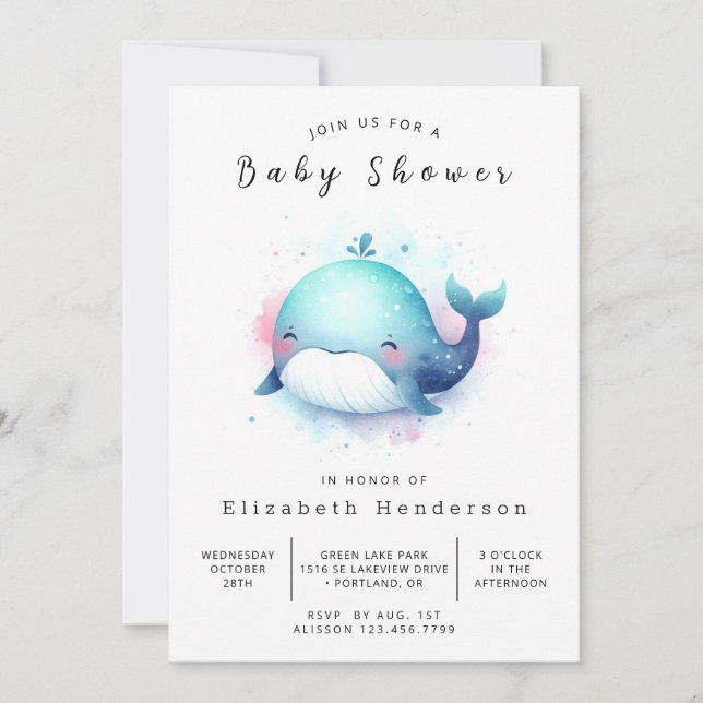 Invitation Pastel Printable Whale Baby shower (Devant)