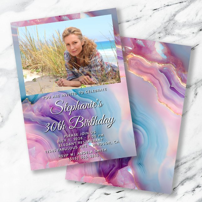 Invitation Pastel Purple Agate Photo Frontière 30e anniversai (Pastel Purple Agate Photo Border 30th Birthday Invitation)