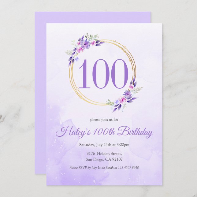 Invitation Pastel Purple Floral Golden Wreath 100e anniversai (Devant / Derrière)
