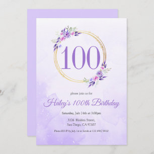 Invitation Pastel Purple Floral Golden Wreath 100e anniversai