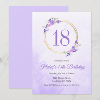 Invitation Pastel Purple Floral Golden Wreath 18e anniversair