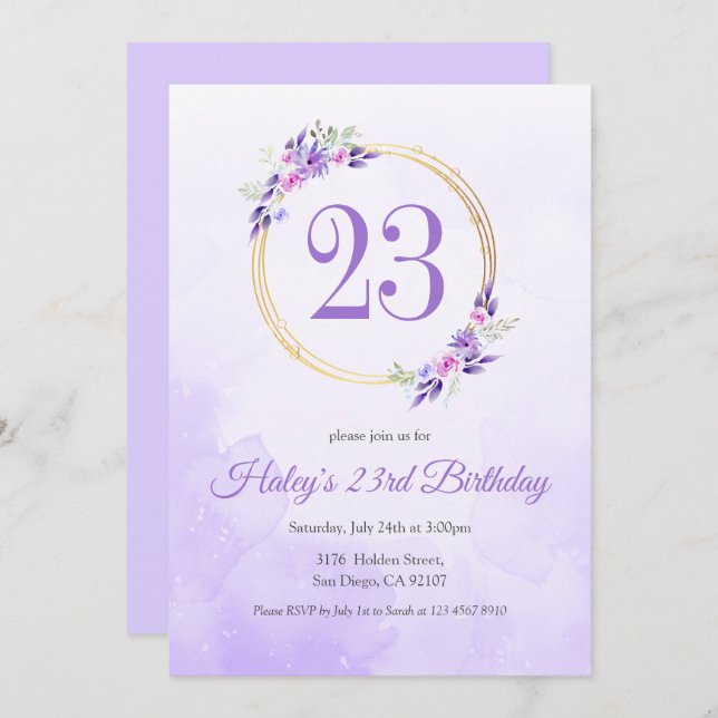 Invitation Pastel Purple Floral Golden Wreath 23e anniversair (Devant / Derrière)