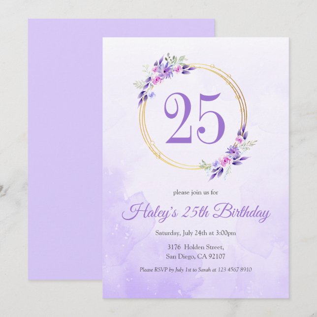 Invitation Pastel Purple Floral Golden Wreath 25e anniversair (Devant / Derrière)