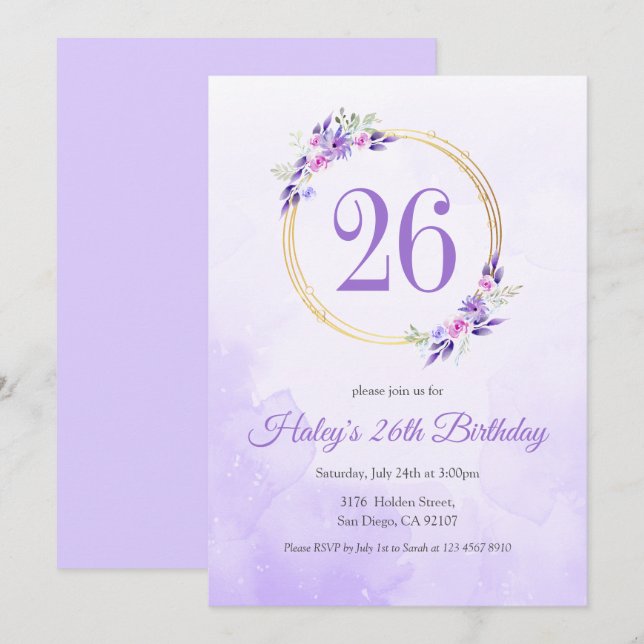 Invitation Pastel Purple Floral Golden Wreath 26e anniversair (Devant / Derrière)