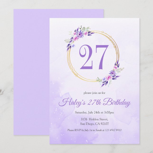 Invitation Pastel Purple Floral Golden Wreath 27e anniversair (Devant / Derrière)