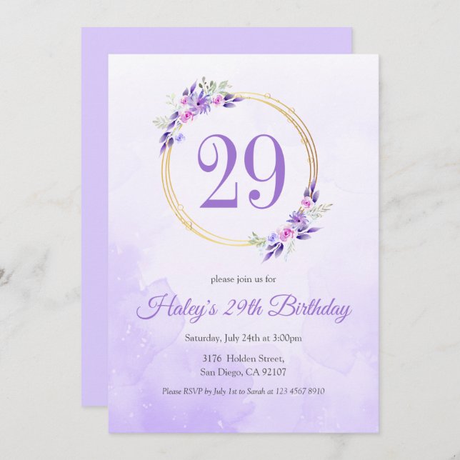 Invitation Pastel Purple Floral Golden Wreath 29e anniversair (Devant / Derrière)