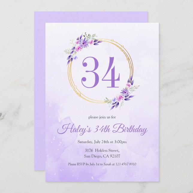 Invitation Pastel Purple Floral Golden Wreath 34e anniversair (Devant / Derrière)
