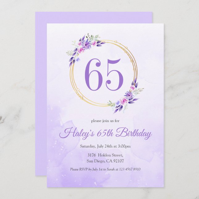 Invitation Pastel Purple Floral Golden Wreath 65e anniversair (Devant / Derrière)