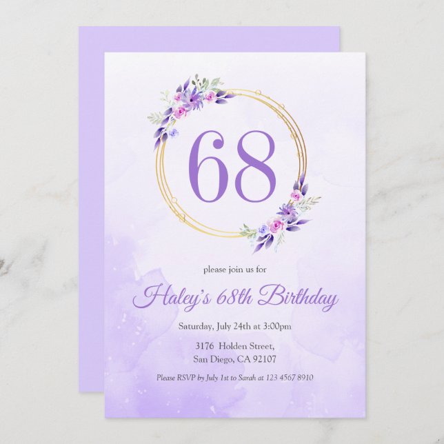 Invitation Pastel Purple Floral Golden Wreath 68e anniversair (Devant / Derrière)