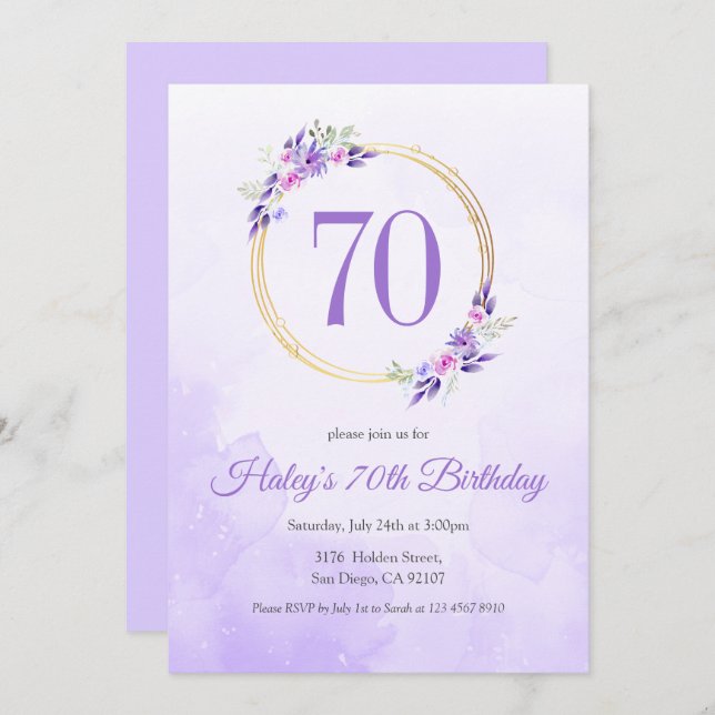 Invitation Pastel Purple Floral Golden Wreath 70e anniversair (Devant / Derrière)