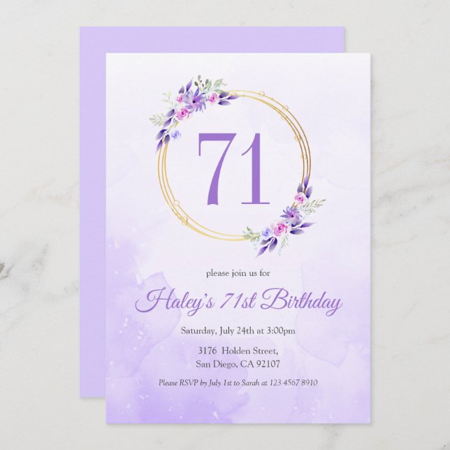 Invitation Pastel Purple Floral Golden Wreath 71e anniversair (Devant / Derrière)
