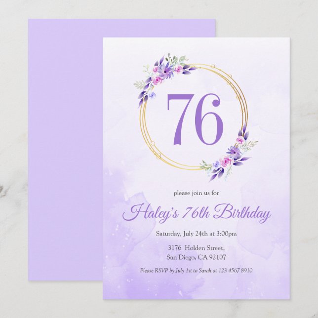 Invitation Pastel Purple Floral Golden Wreath 76e anniversair (Devant / Derrière)