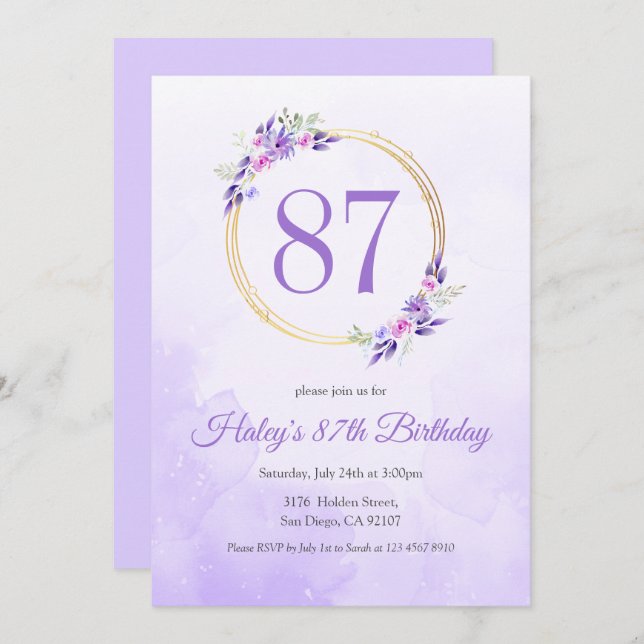 Invitation Pastel Purple Floral Golden Wreath 87e anniversair (Devant / Derrière)