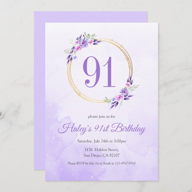 Invitation Pastel Purple Floral Golden Wreath 91e anniversair (Devant / Derrière)