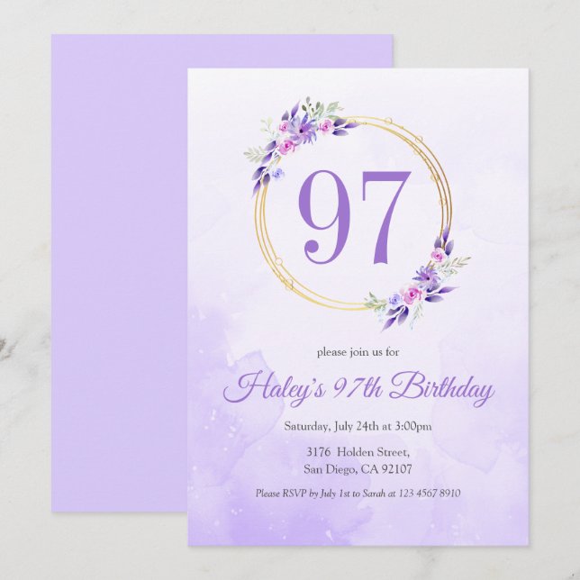 Invitation Pastel Purple Floral Golden Wreath 97e anniversair (Devant / Derrière)