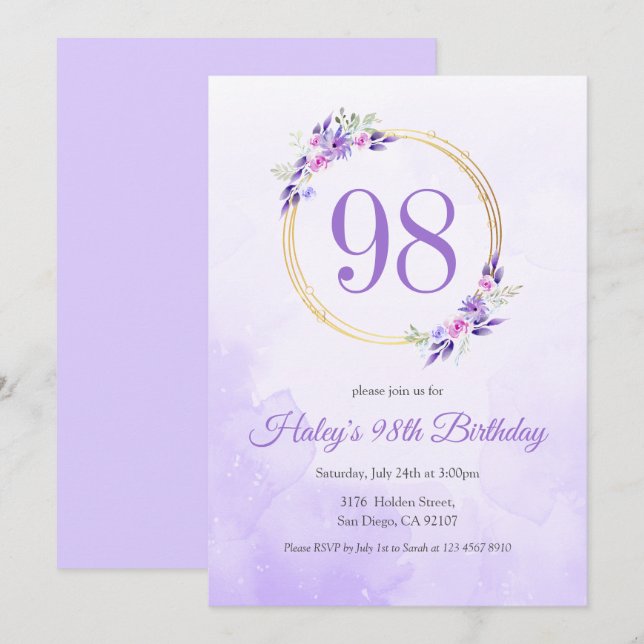 Invitation Pastel Purple Floral Golden Wreath 98e anniversair (Devant / Derrière)