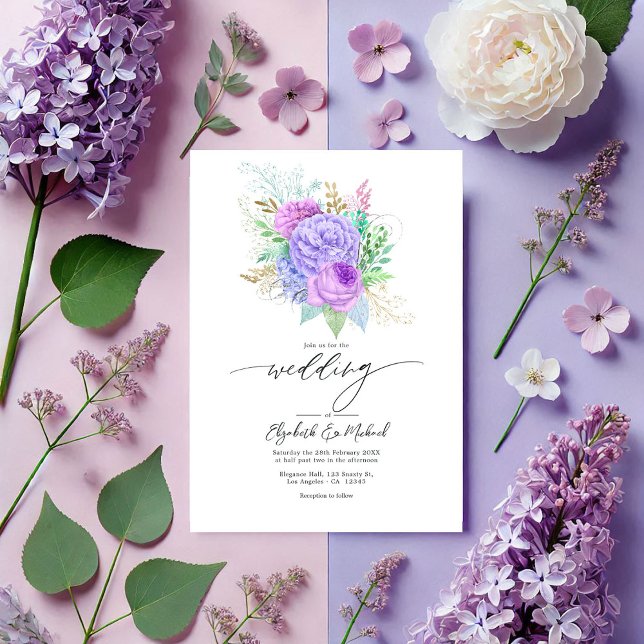 Invitation Pastel Purple & Green Floral Printemps photo (Pastel Purple & Green Floral Spring Wedding Photo Invitation)