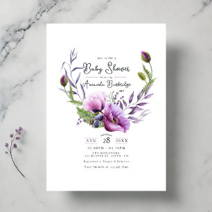 Invitation Pastel Purple Poppy Floral Wreath Baby shower