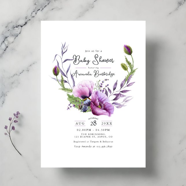 Invitation Pastel Purple Poppy Floral Wreath Baby shower (Pastel Purple Poppy Floral Wreath Baby Shower Invitation)