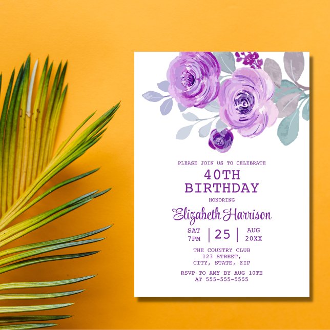 Invitation Pastel Purple Rose Floral Greenery 40e anniversair (Créateur téléchargé)