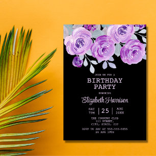 Invitation Pastel Purple Rose Floral Noir Anniversaire