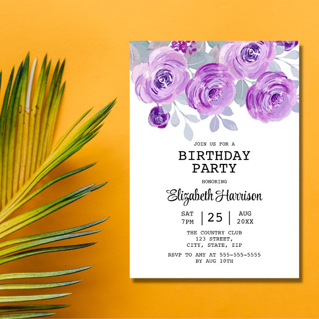 Invitation Pastel Purple Rose Floral Verdure fête d'anniversa (Créateur téléchargé)