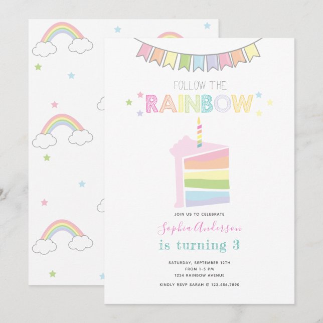 Invitation Pastel Rainbow Anniversaire de enfant Party (Devant / Derrière)