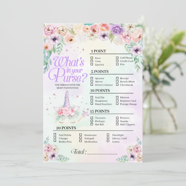 Invitation Pastel Rainbow Baby What's In Your Purse Game Card (Debout devant)