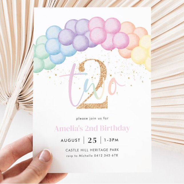 Invitation Pastel Rainbow Balloon Arch 2e fête d'anniversaire (Créateur téléchargé)
