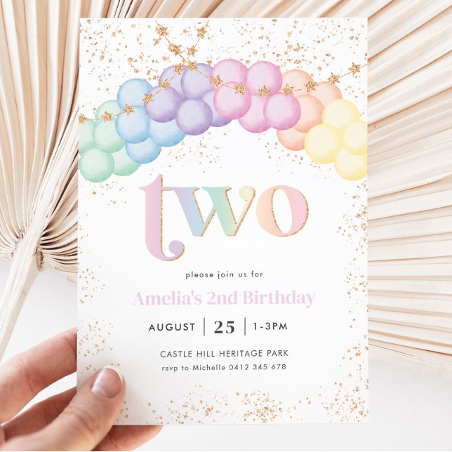 Invitation Pastel Rainbow Balloon Arch 2e fête d'anniversaire (Créateur téléchargé)