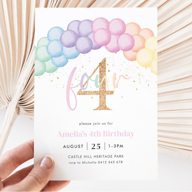 Invitation Pastel Rainbow Balloon Arch 4e fête d'anniversaire (Pastel Balloon Arch 4th Birthday Invitation)