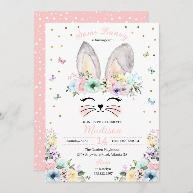Invitation Pastel Rainbow Bunny Oars Fleur Couronne Anniversa (Devant / Derrière)