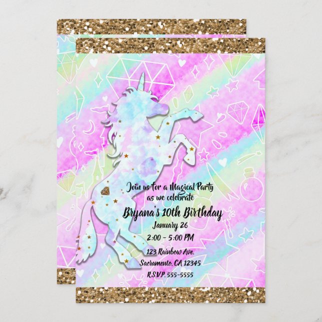 Invitation Pastel Rainbow Diamonds & Stars Magique Unicorn (Devant / Derrière)