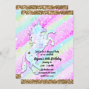 Invitation Pastel Rainbow Diamonds & Stars Magique Unicorn