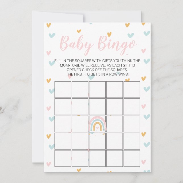 Invitation Pastel Rainbow et Hearts Baby shower Bingo Card (Devant)