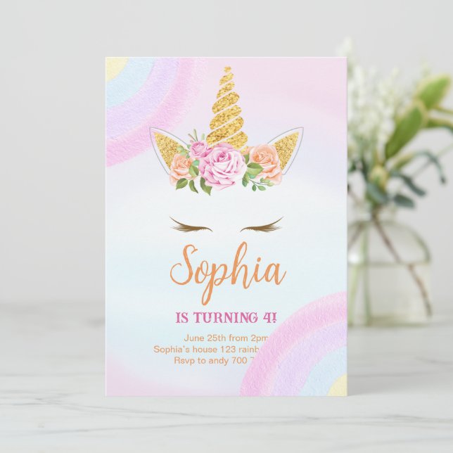 Invitation Pastel Rainbow Floral Unicorne Anniversaire (Debout devant)