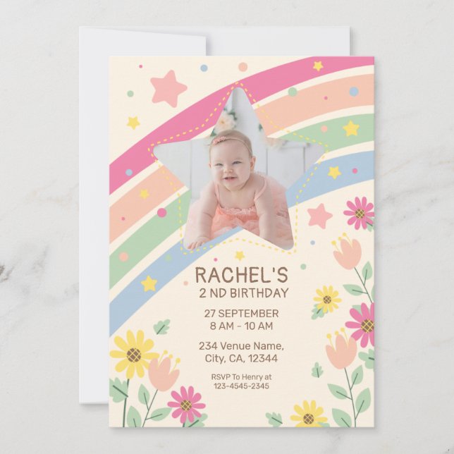 Invitation Pastel Rainbow Girl's Photo Mignon Anniversaire (Devant)