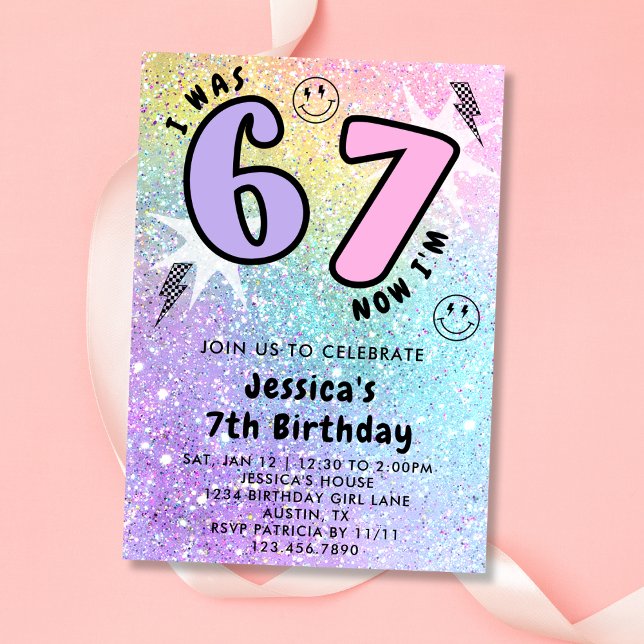 Invitation Pastel Rainbow Glitter 6 7 Girl Birthday Party  (Créateur téléchargé)