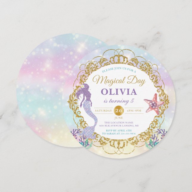 Invitation Pastel Rainbow Mermaid Sous La Mer Anniversaire (Devant / Derrière)